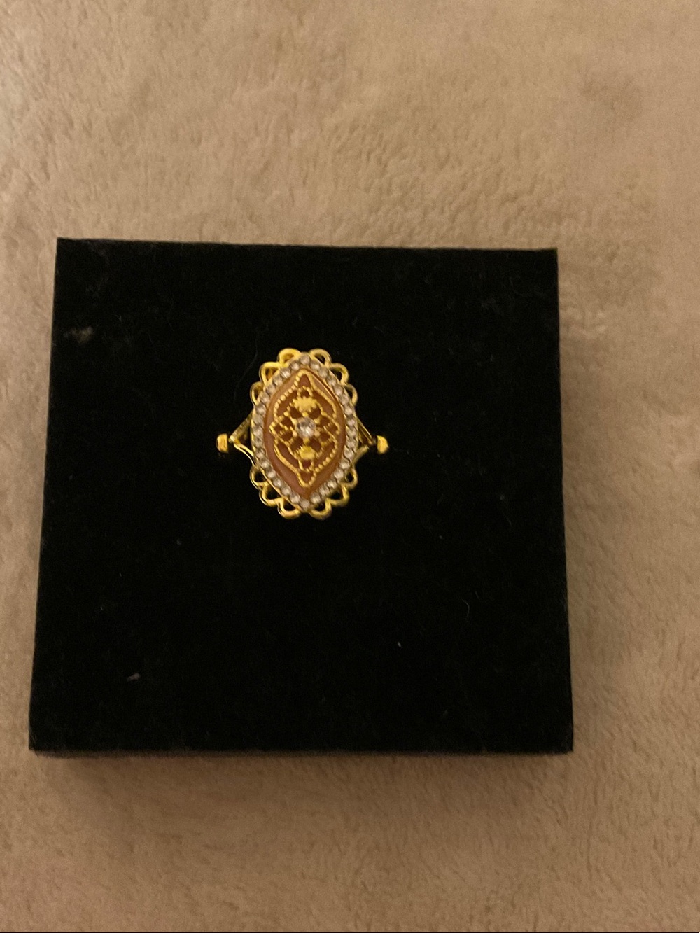 Gold-Tone Filigree Marquise Ring with Amber Center Stone